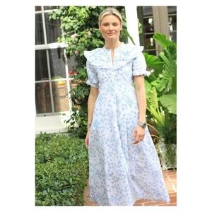 Julia India Amory Blue White Floral Maxi Dress Ruffle Neck Large Cottagecore